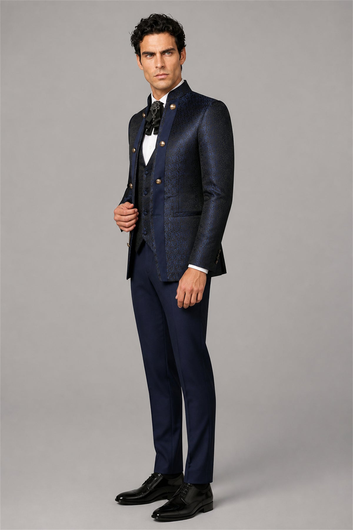 Men's Navy Blue Jacquard Military 3-Piece Suit Set – Front Full Length Hand in Pocket | Savile GA0194