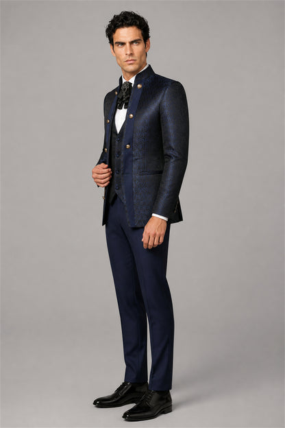 Men's Navy Blue Jacquard Military 3-Piece Suit Set – Front Full Length Hand in Pocket | Savile GA0194