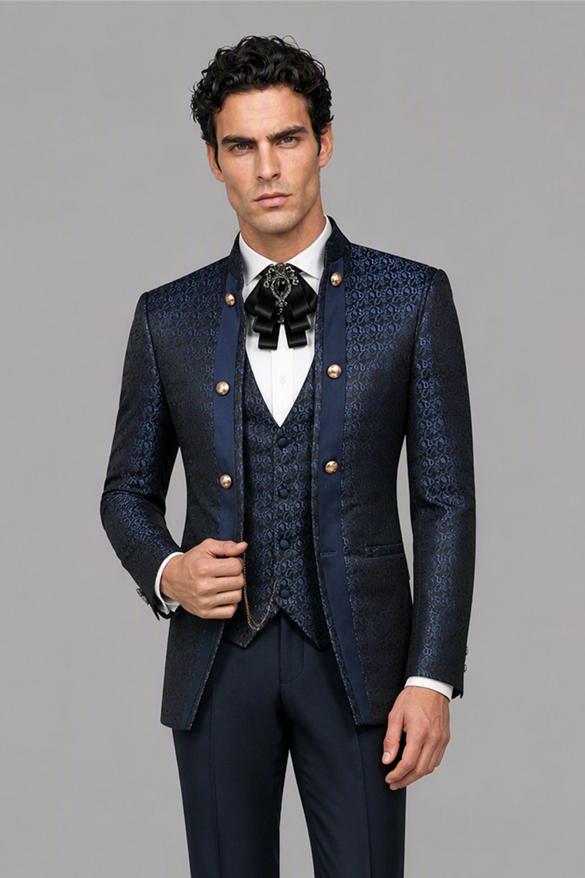 Men's Navy Blue Jacquard Military 3-Piece Suit Set – Side Full Length | Savile GA0194