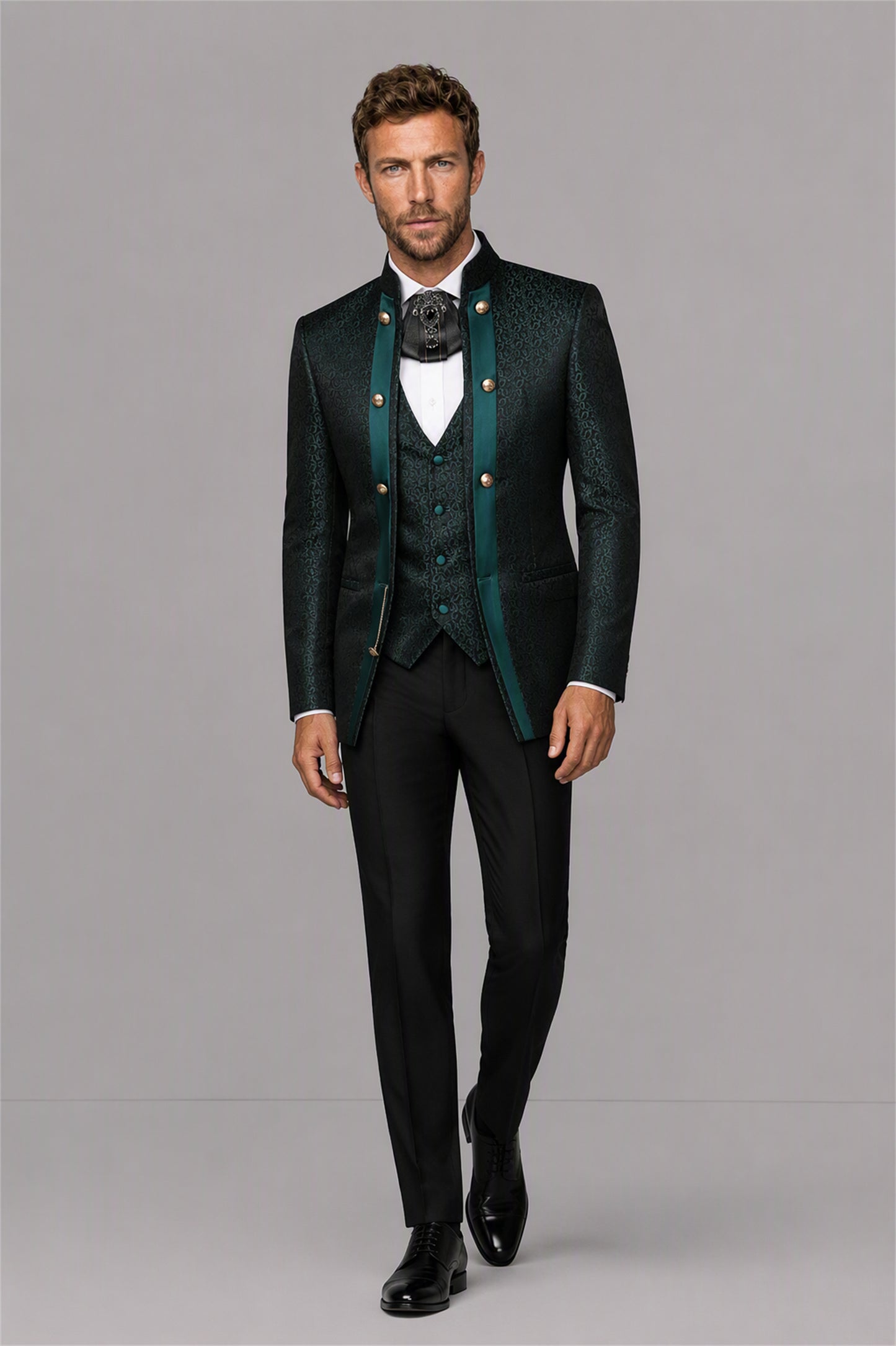 Men's Teal Green Jacquard Mandarin Collar Military Suit Blazer – Front Upper Body Close-Up | Savile GA0194
