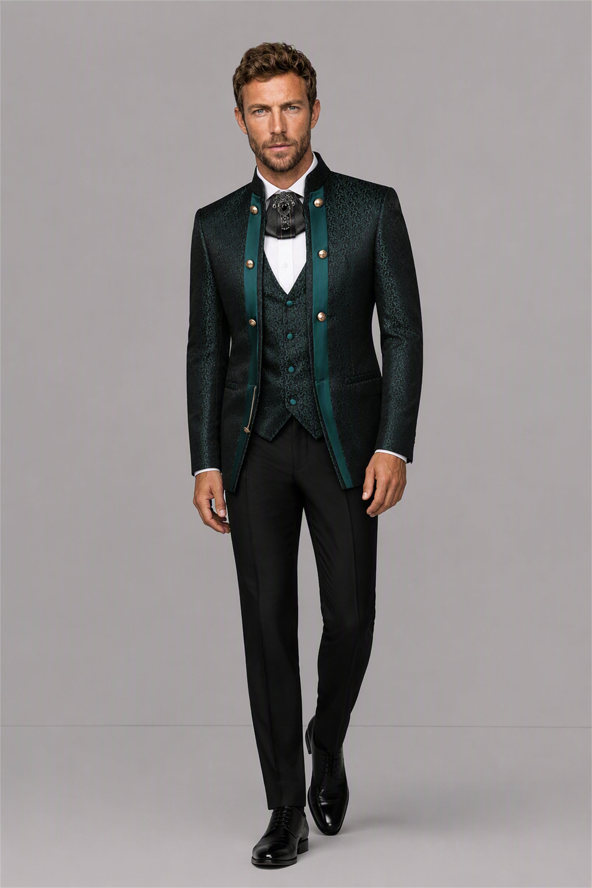 Men's Teal Green Jacquard Mandarin Collar Military Suit Blazer – Front Upper Body Close-Up | Savile GA0194