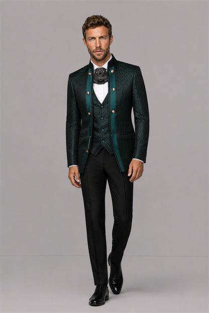 Men's Teal Green Jacquard Mandarin Collar Military Suit Blazer – Front Upper Body Close-Up | Savile GA0194