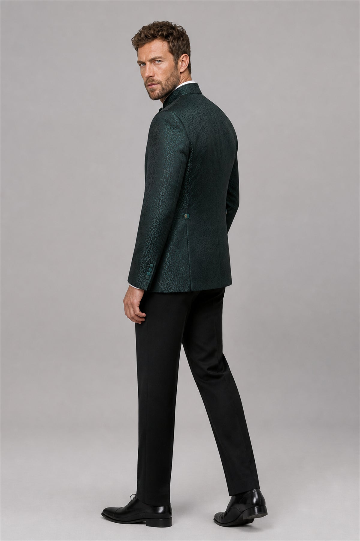 Men's Teal Green Jacquard Military 3-Piece Suit Set – Back Side View | Savile GA0194
