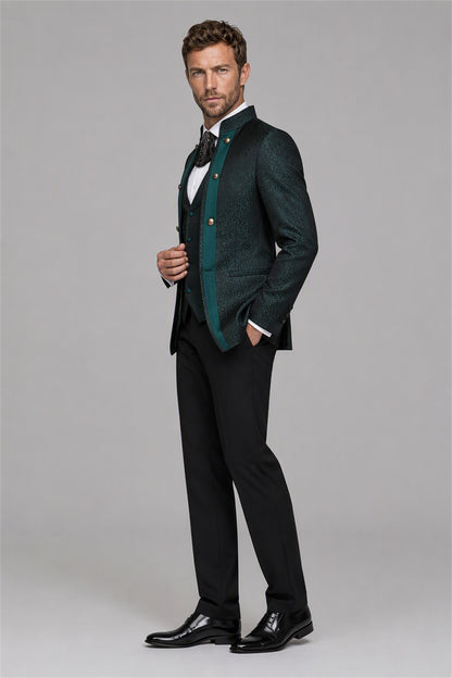 Men's Teal Green Jacquard Military 3-Piece Suit Set – Side Full Length Holding Lapel | Savile GA0194