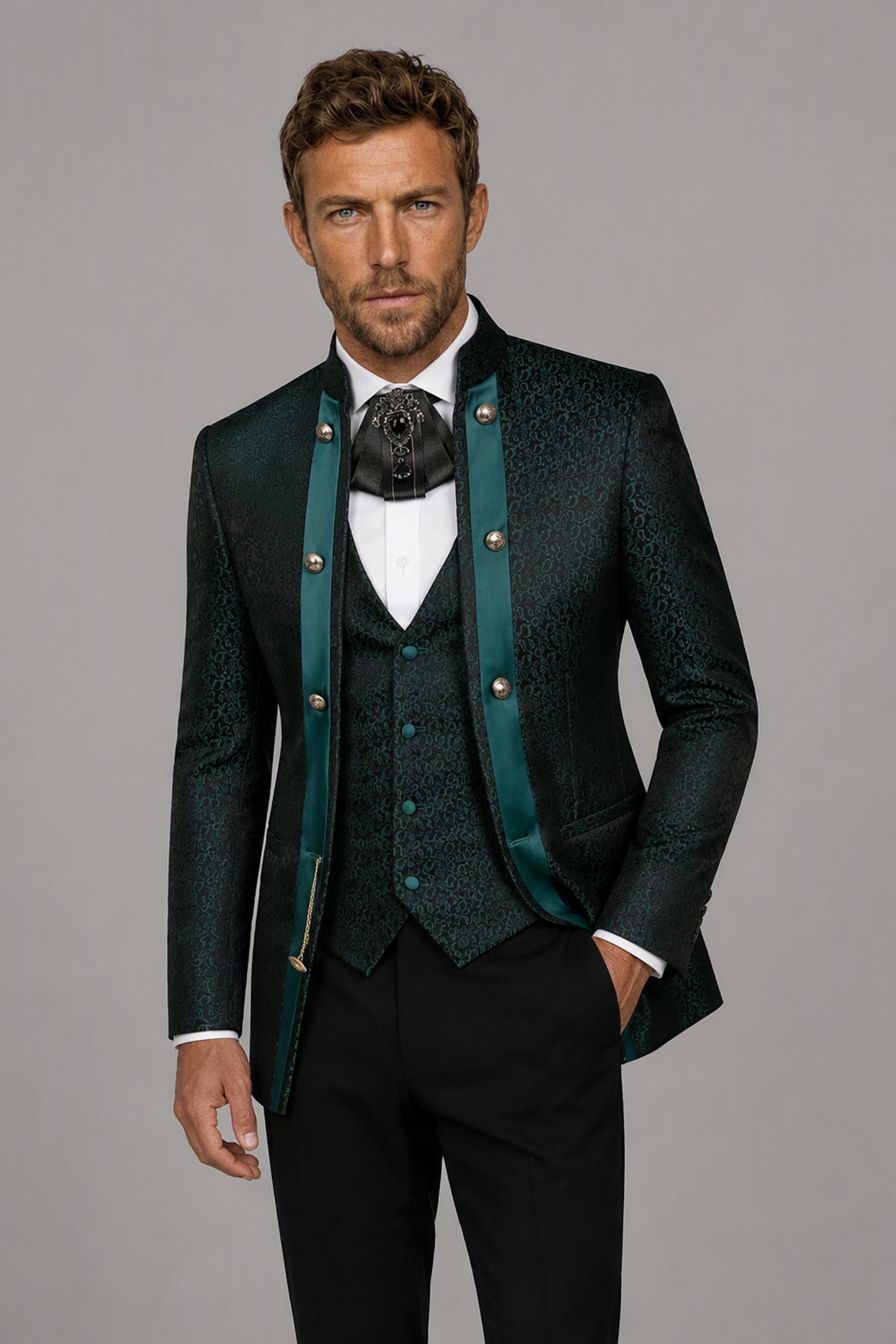Men's Teal Green Jacquard Mandarin Collar Military 3-Piece Suit Set – Front Full Length | Savile GA0194