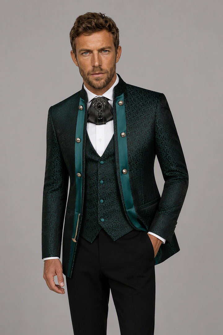 Teal jacquard military suit