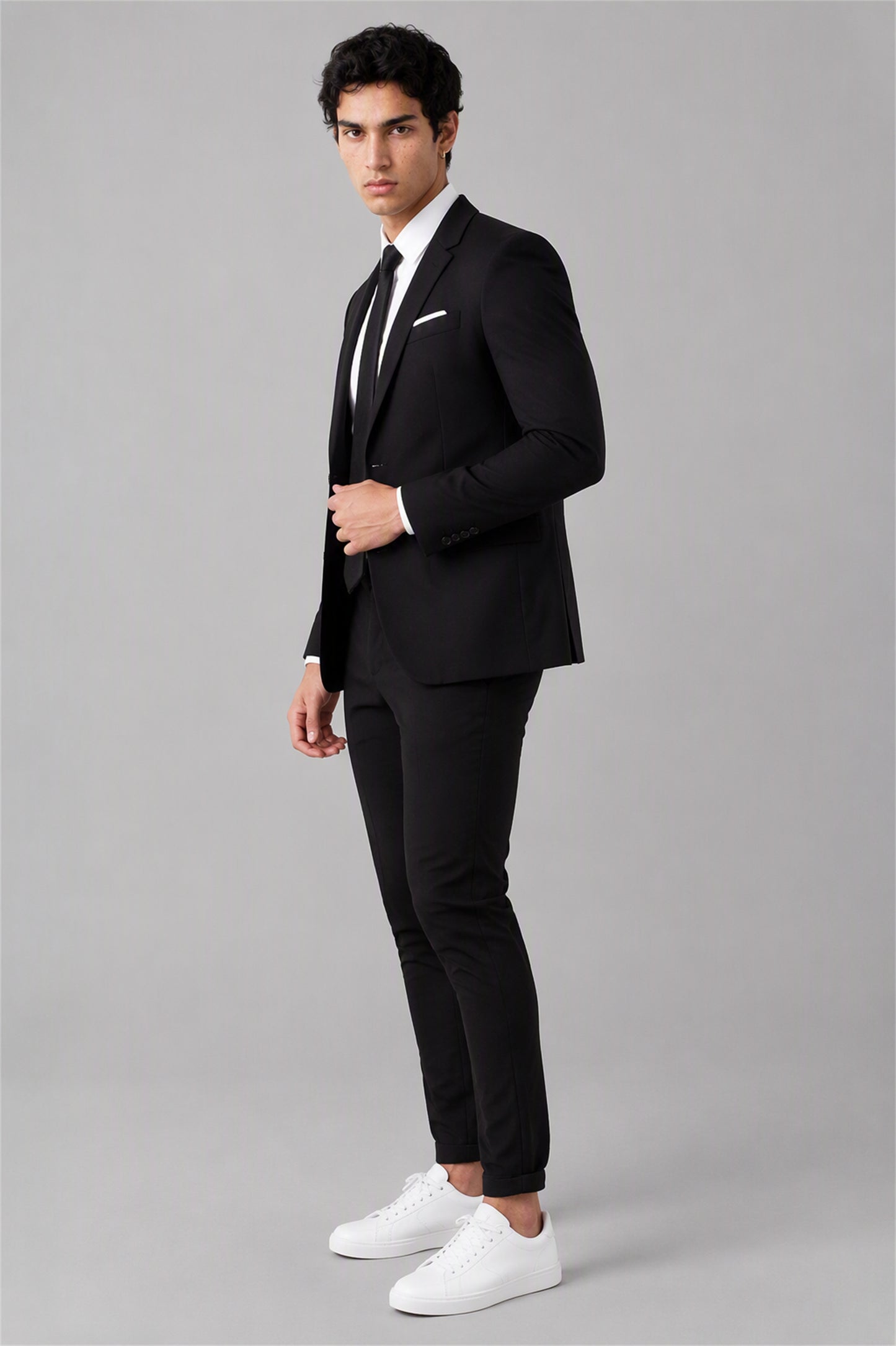 Men's All Black Slim Fit Suit Blazer – Front Upper Body Close-Up | Savile GA0195