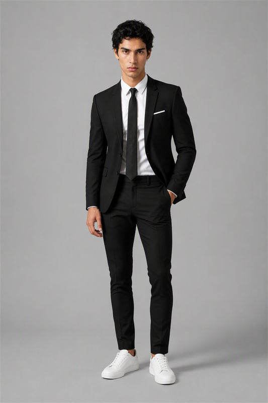 Men's All Black Slim Fit 2-Piece Suit Set – Side Full Length | Savile GA0195