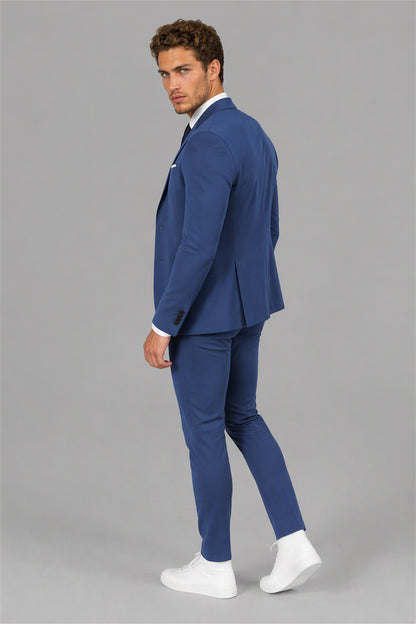 Men's Blue Slim Fit 2-Piece Suit Set – Front Full Length Holding Lapel | Savile GA0195