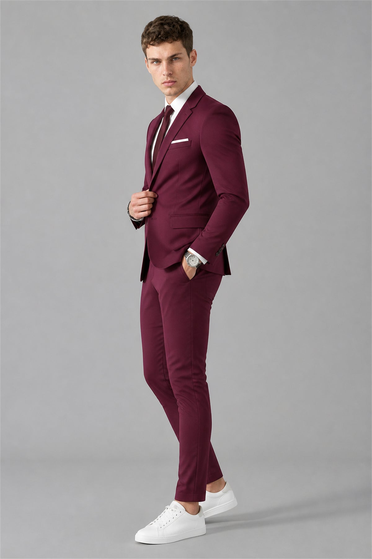 Men's Burgundy Slim Fit 2-Piece Suit Set – Side Full Length Holding Lapel | Savile GA0195