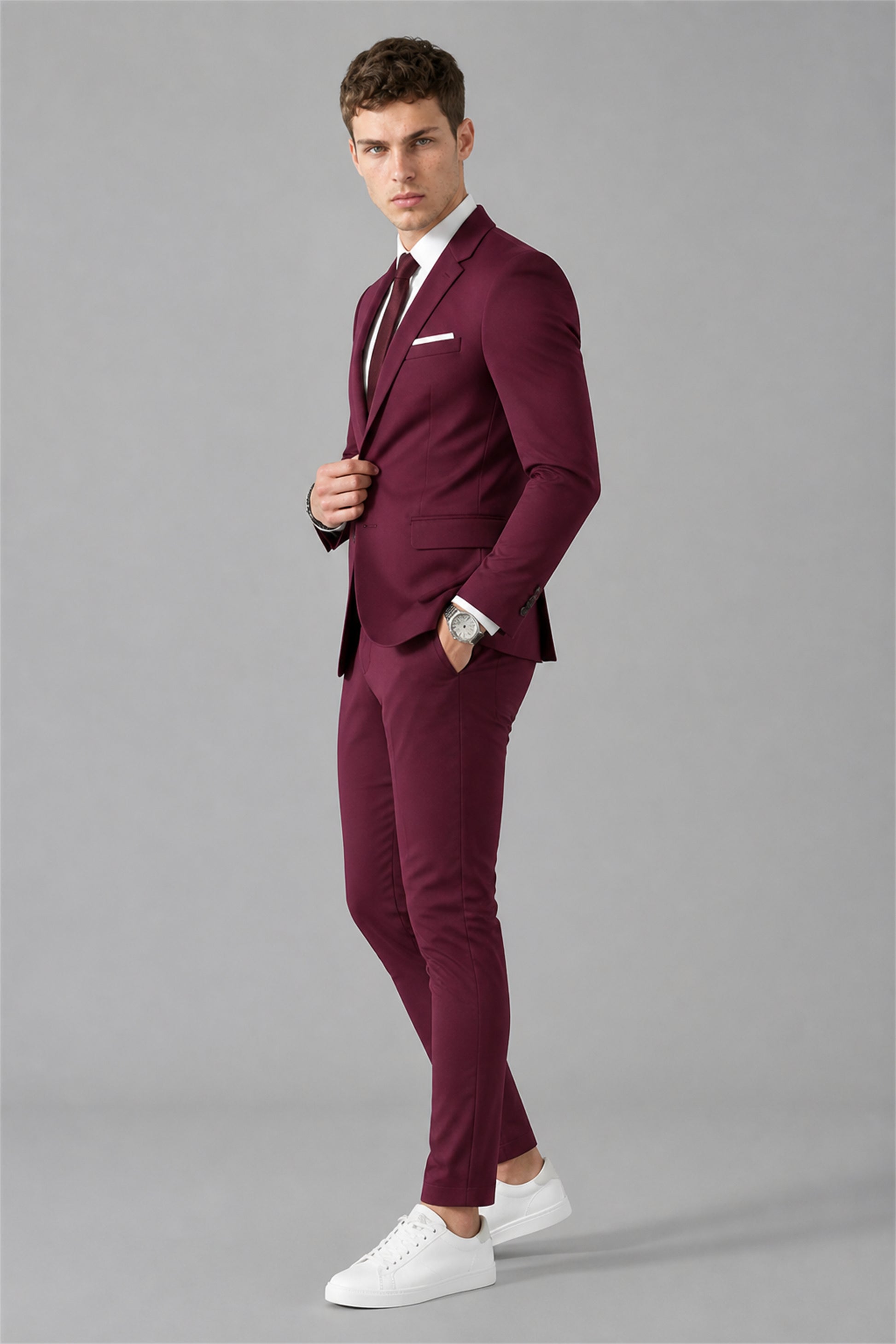 Men's Burgundy Slim Fit 2-Piece Suit Set – Side Full Length Holding Lapel | Savile GA0195