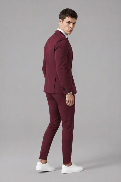 Men's Burgundy Slim Fit 2-Piece Suit Set – Back Side View | Savile GA0195