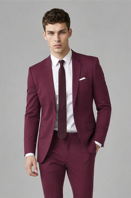 Men's Burgundy Slim Fit 2-Piece Suit Set – Front Full Length Standing | Savile GA0195