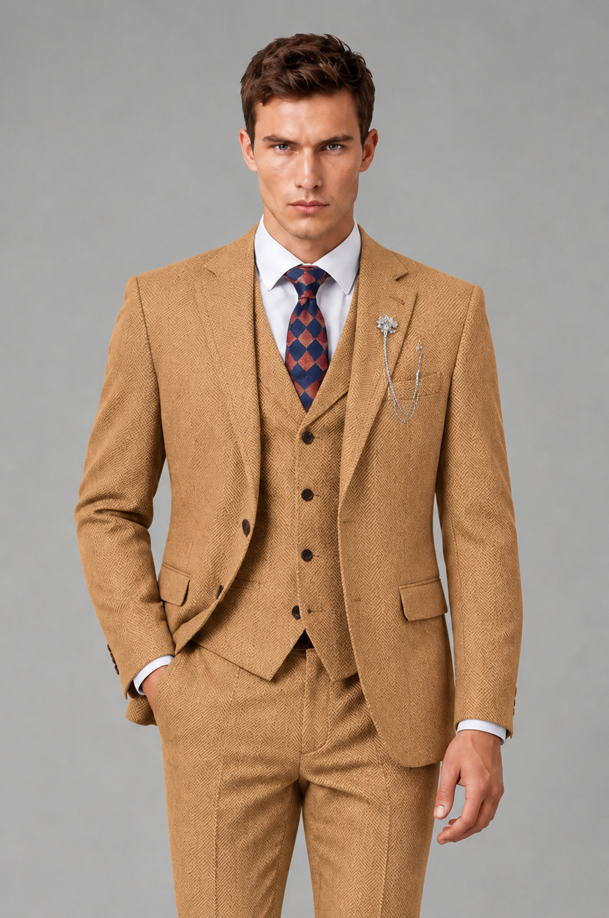 Savile Men's Grey Notch Lapel 3-Piece Suit Set | Jacket, Vest & Trousers - Gold - Gold