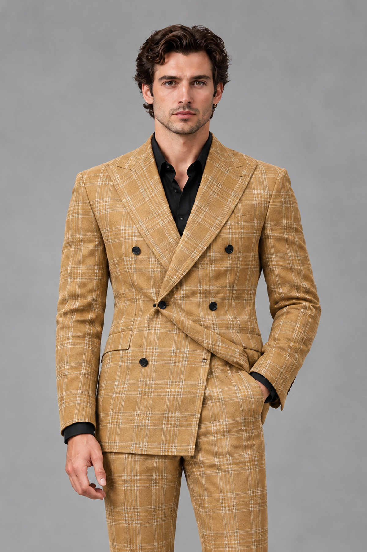 Savile Men's Rust Plaid 2-Piece Double-Breasted Suit – Peak Lapel Slim-Fit Jacket & Trousers Set - Gold - Gold