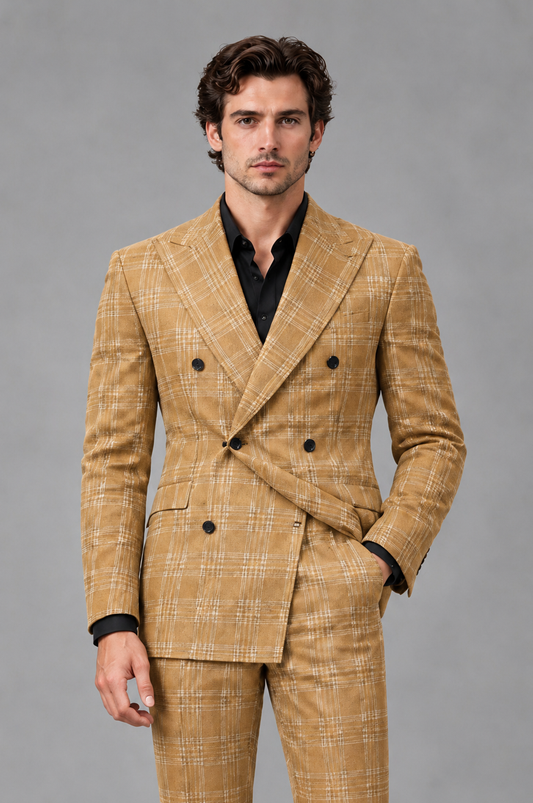 Savile Men's Rust Plaid 2-Piece Double-Breasted Suit – Peak Lapel Slim-Fit Jacket & Trousers Set - Gold - Gold