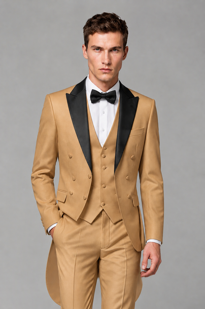 Savile Gold 3-Piece Tailcoat Tuxedo Suit with Black Peak Lapel - Gold - Gold_01