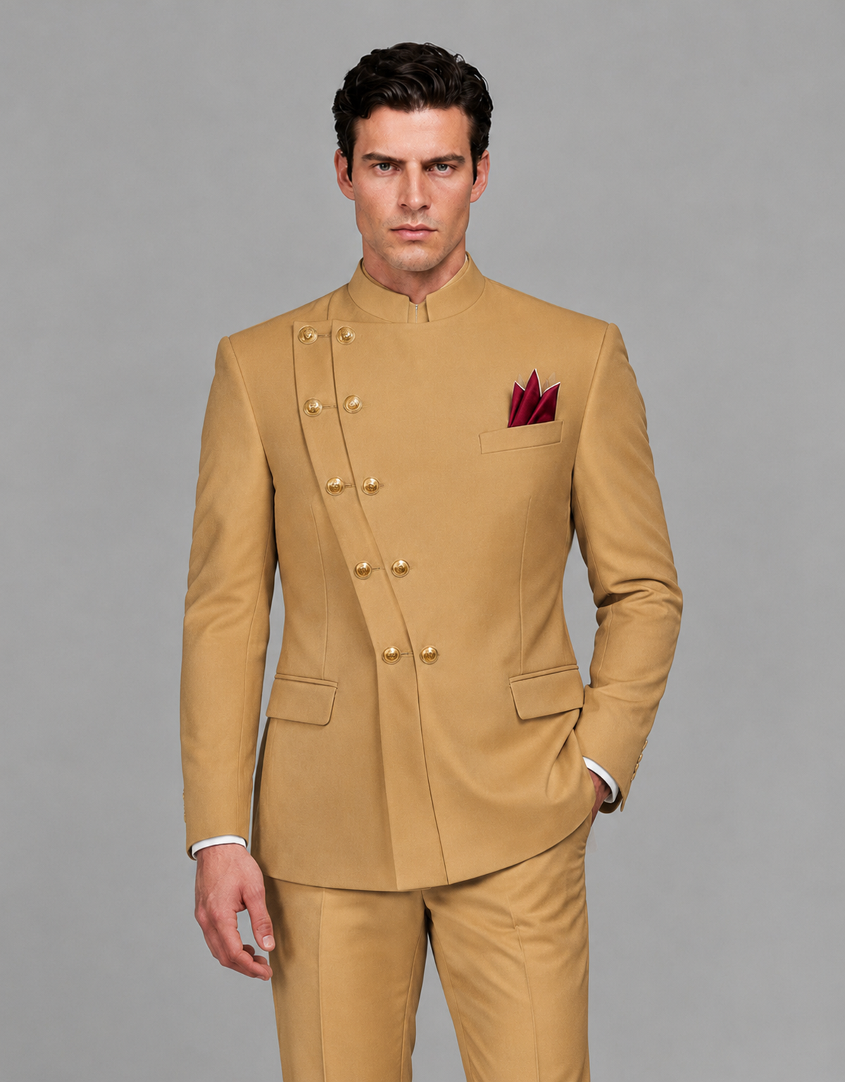BOLODOO Men's Gold Asymmetrical Mandarin Collar Tuxedo Suit – Modern 2-Piece Gold Button Wedding, Prom & Gala Set - Gold - Gold_01