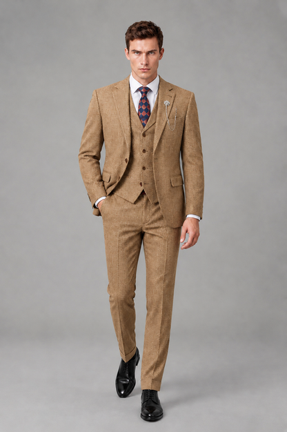 Savile Men's Grey Notch Lapel 3-Piece Suit Set | Jacket, Vest & Trousers - Gold - Gold
