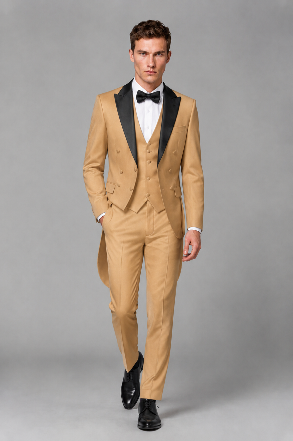 Savile Gold 3-Piece Tailcoat Tuxedo Suit with Black Peak Lapel - Gold - Gold_02