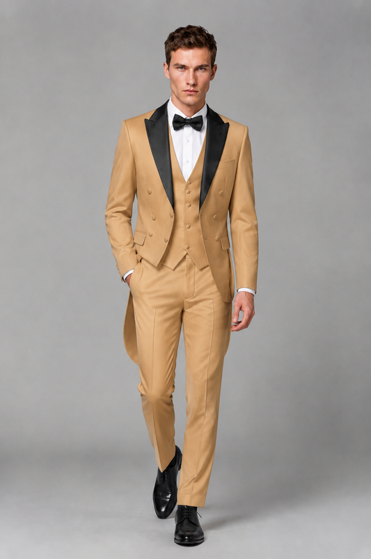 Savile Gold 3-Piece Tailcoat Tuxedo Suit with Black Peak Lapel - Gold - Gold_02