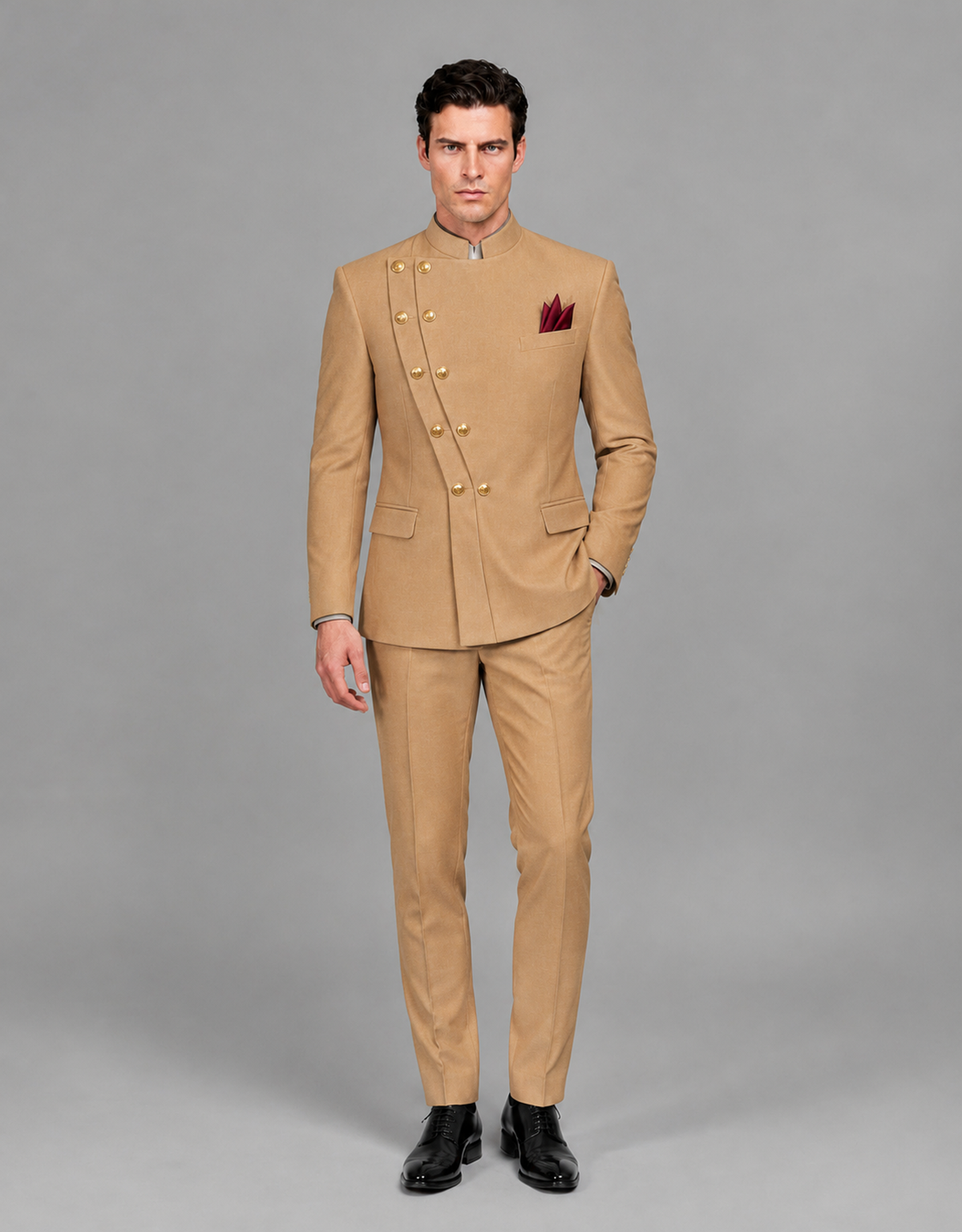 BOLODOO Men's Gold Asymmetrical Mandarin Collar Tuxedo Suit – Modern 2-Piece Gold Button Wedding, Prom & Gala Set - Gold - Gold_02