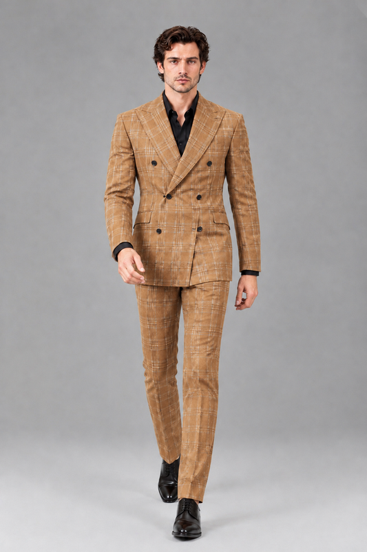 Savile Men's Rust Plaid 2-Piece Double-Breasted Suit – Peak Lapel Slim-Fit Jacket & Trousers Set - Gold - Gold