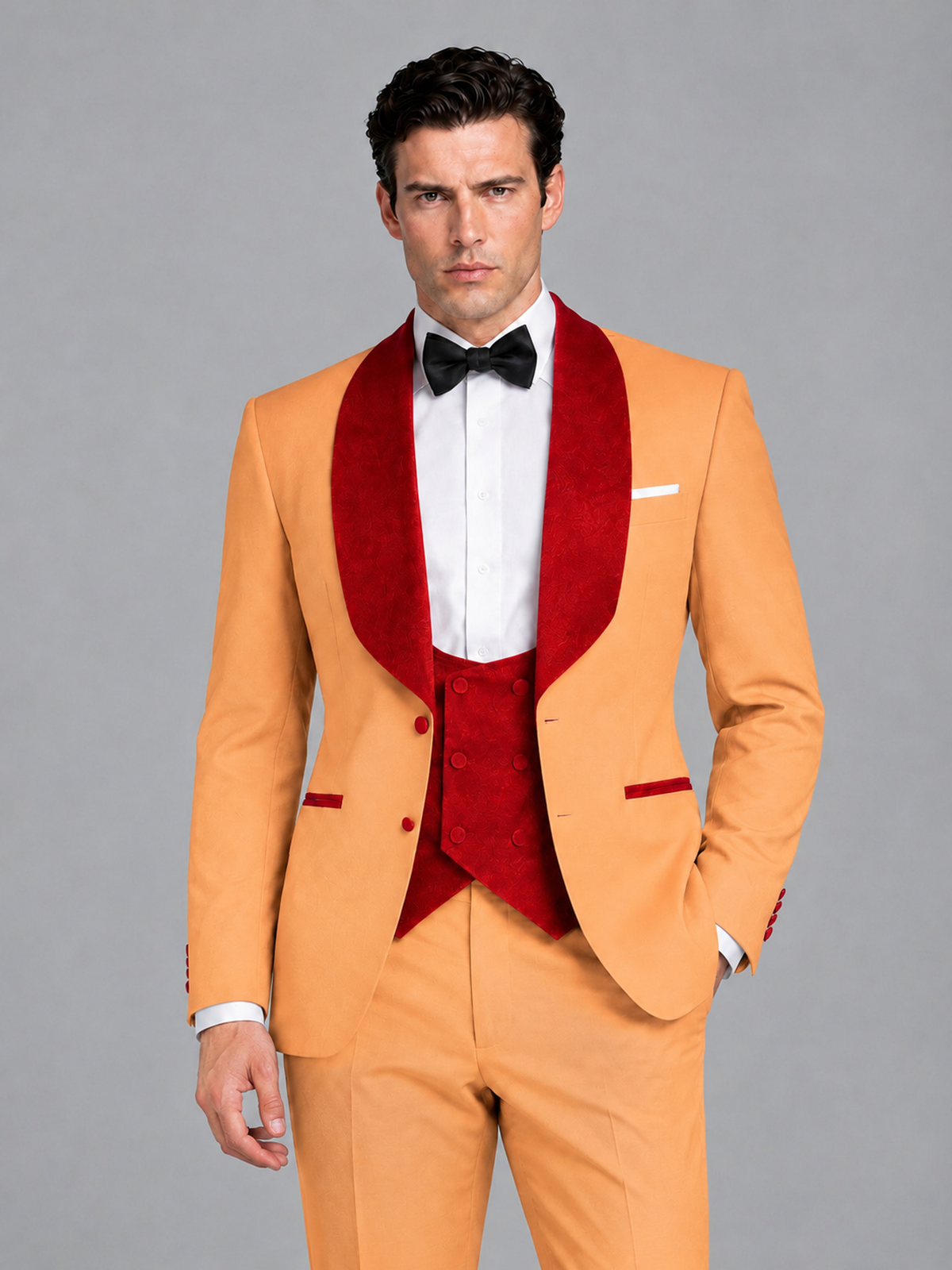 Savile Men's Gold 3-Piece Tuxedo Suit Set – Contrast Red Shawl Lapel Blazer, Red Waistcoat & Trousers - SUC020 - Gold