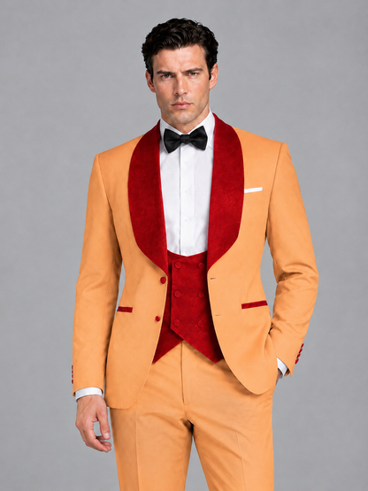 Savile Men's Gold 3-Piece Tuxedo Suit Set – Contrast Red Shawl Lapel Blazer, Red Waistcoat & Trousers - SUC020 - Gold