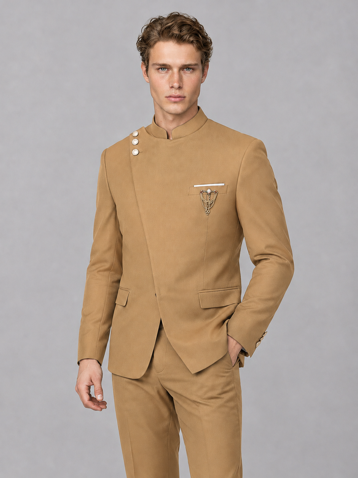 Savile Men's Gold Mandarin Collar Asymmetrical 2-Piece Suit Set – Modern Jacket & Trousers - Gold - Gold_1