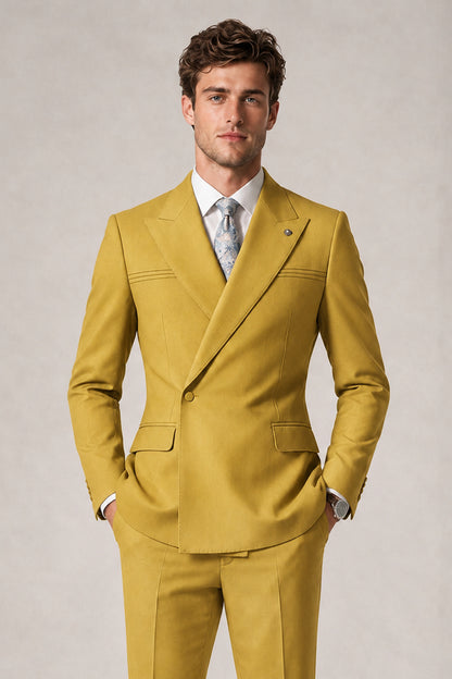 Savile Men's Gold Double-Breasted Slim Fit 2-Piece Suit Set – Peak Lapel Blazer & Cuffed Trousers | Wedding Prom Formal - Gold