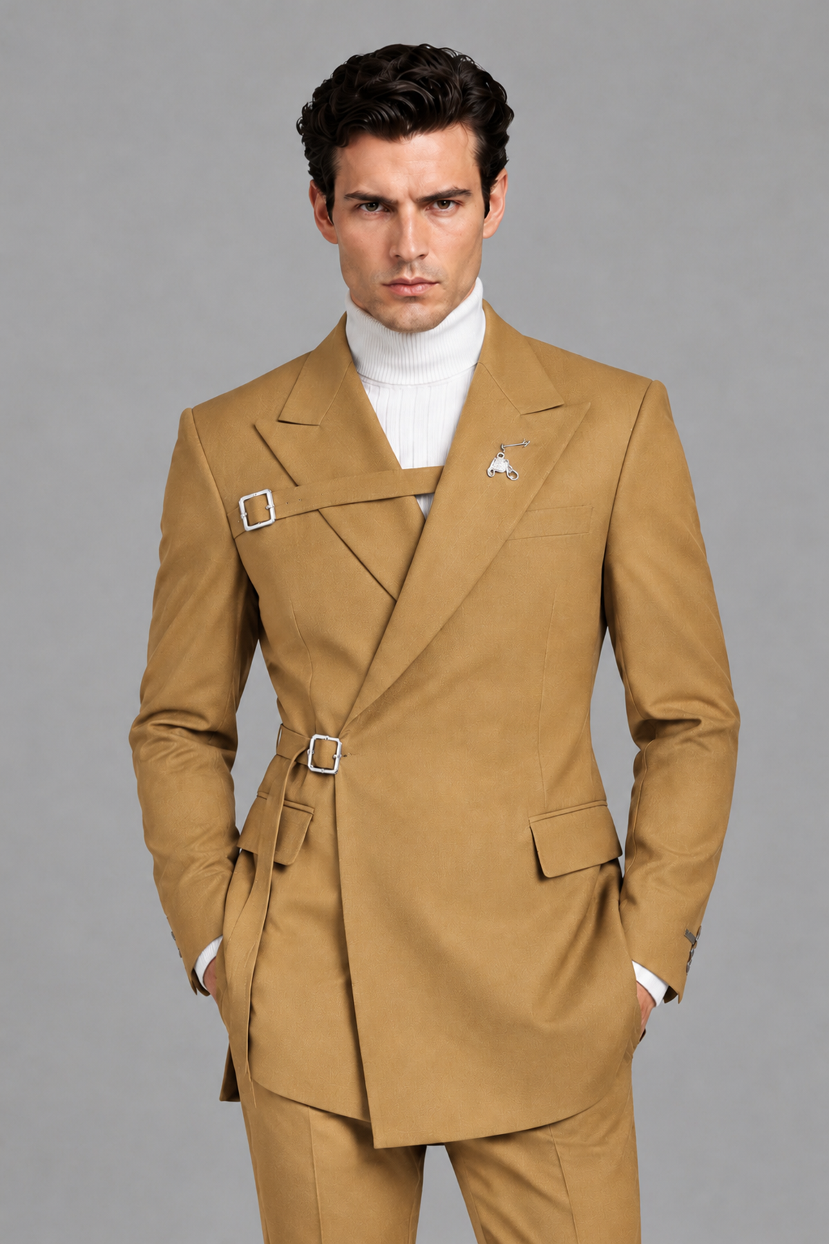Savile Men's Gold Double Buckle Wrap Belted 2-Piece Suit Set – Peak Lapel Slim-Fit Jacket & Trousers - Gold - Gold_1