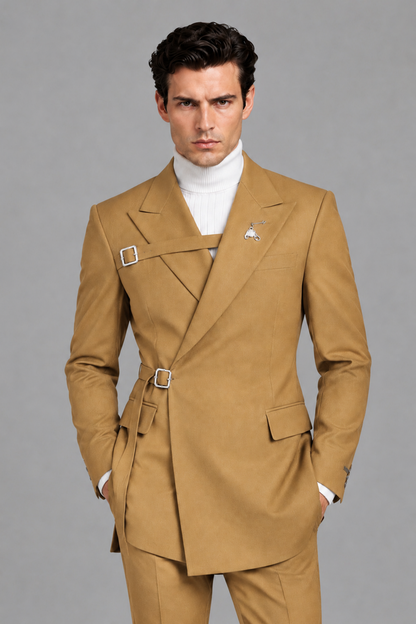 Savile Men's Gold Double Buckle Wrap Belted 2-Piece Suit Set – Peak Lapel Slim-Fit Jacket & Trousers - Gold - Gold_1