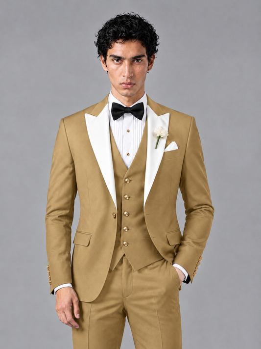 Savile Men's Gold Contrast White Peak Lapel 3-Piece Tuxedo Suit - Gold