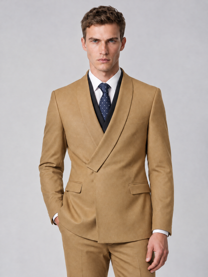 Savile Men's Gold Wrap Shawl Lapel 2-Piece Suit Set – Modern Jacket & Trousers - Gold - Gold_1
