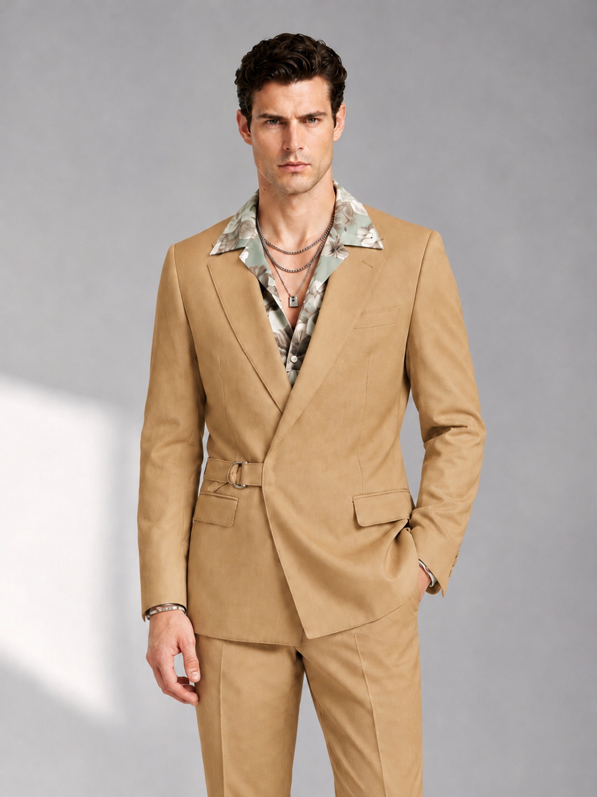 Savile Men's Gold Belted Wrap 2-Piece Suit – Peak Lapel Blazer & Tailored Trousers - SUC060 - Gold - Gold_1
