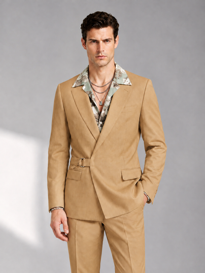 Savile Men's Gold Belted Wrap 2-Piece Suit – Peak Lapel Blazer & Tailored Trousers - SUC060 - Gold - Gold_1