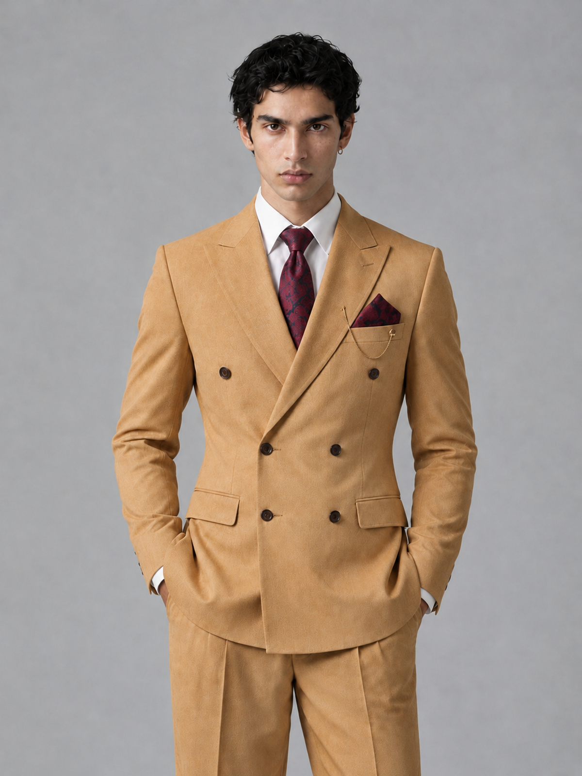 Savile Men's Gold Double-Breasted 2-Piece Suit Set – Peak Lapel Blazer & Pleated Wide-Leg Trousers - Gold - Gold_1