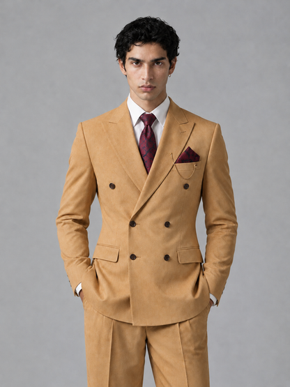 Savile Men's Gold Double-Breasted 2-Piece Suit Set – Peak Lapel Blazer & Pleated Wide-Leg Trousers - Gold - Gold_1
