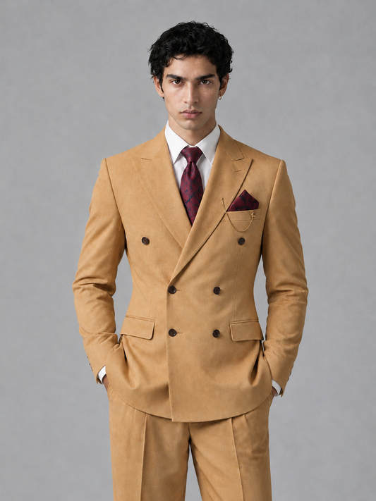 Savile Men's Gold Double-Breasted 2-Piece Suit Set – Peak Lapel Blazer & Pleated Wide-Leg Trousers - Gold - Gold_1