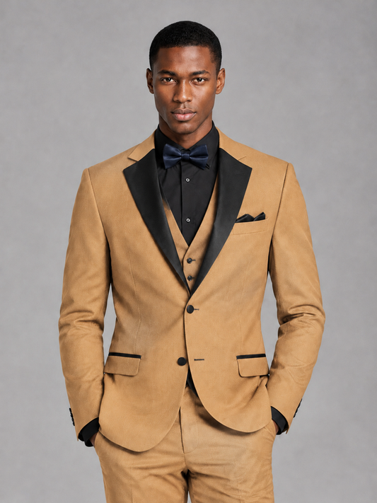 Savile Men's Gold Contrast Shawl Lapel Tuxedo Suit – 3-Piece Wedding, Prom & Black-Tie Formal Set - Gold - Gold_1