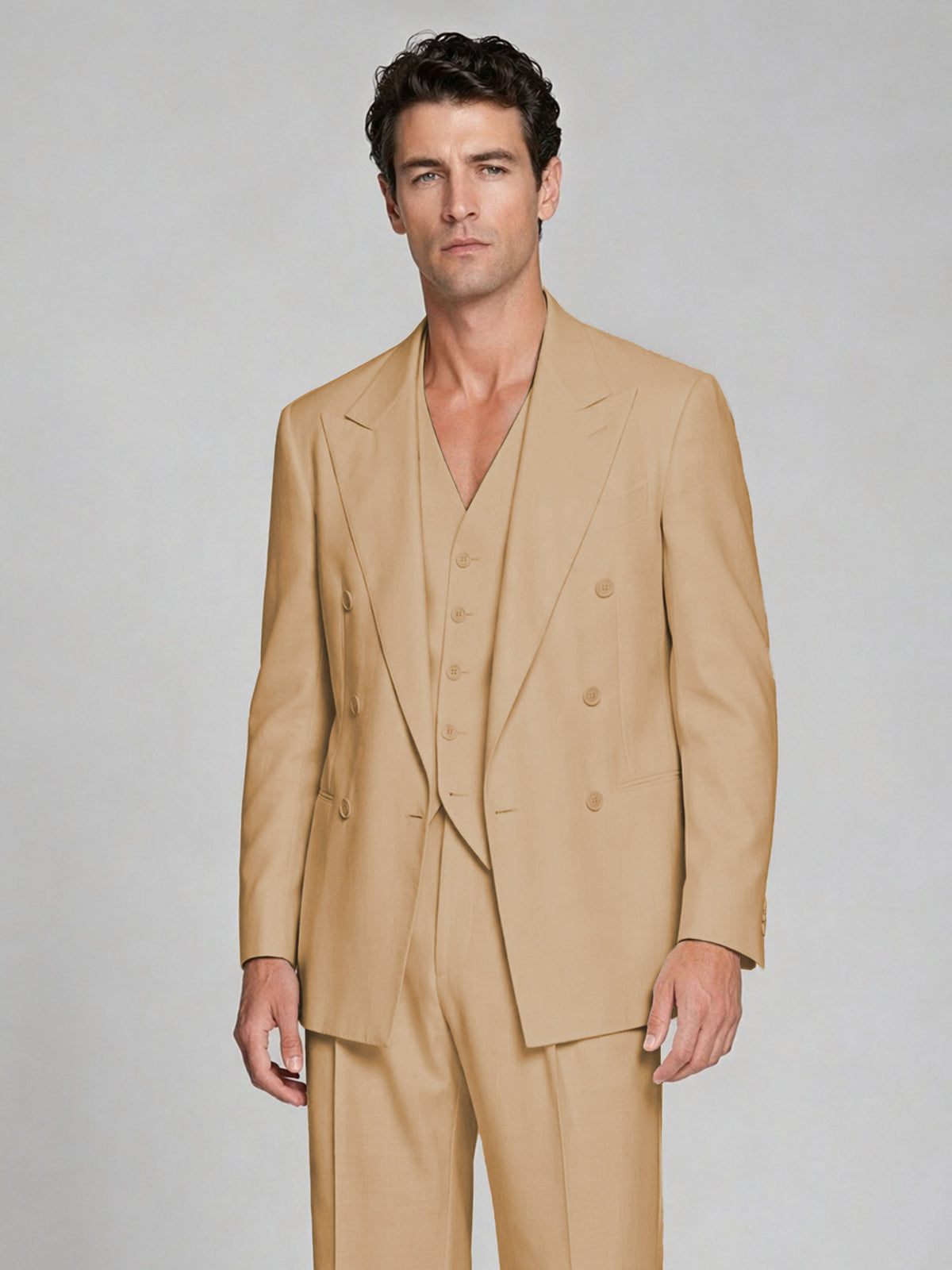 Men's Gold Double-Breasted 2-Piece Suit – Peak Lapel Wedding & Beach Formal Set with Vest - Gold