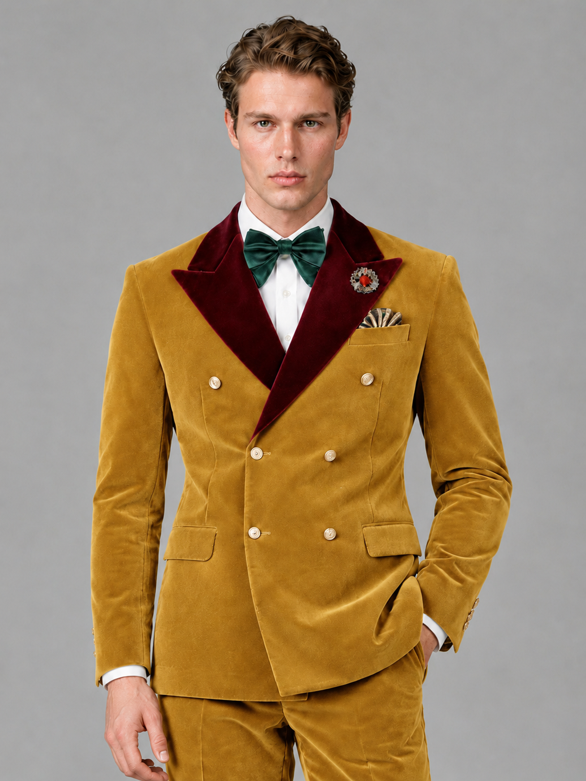 Savile Men's Gold Velvet Double-Breasted 2-Piece Tuxedo Suit with Burgundy Peak Lapel - Gold