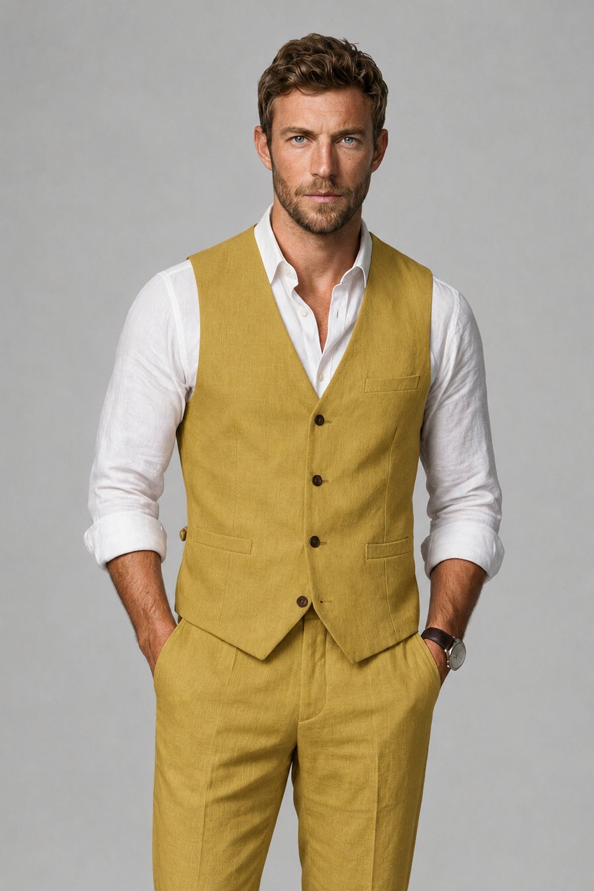 Men's Gold Linen Blend Single-Breasted V-Neck Suit Vest | Savile QX0101 - Gold
