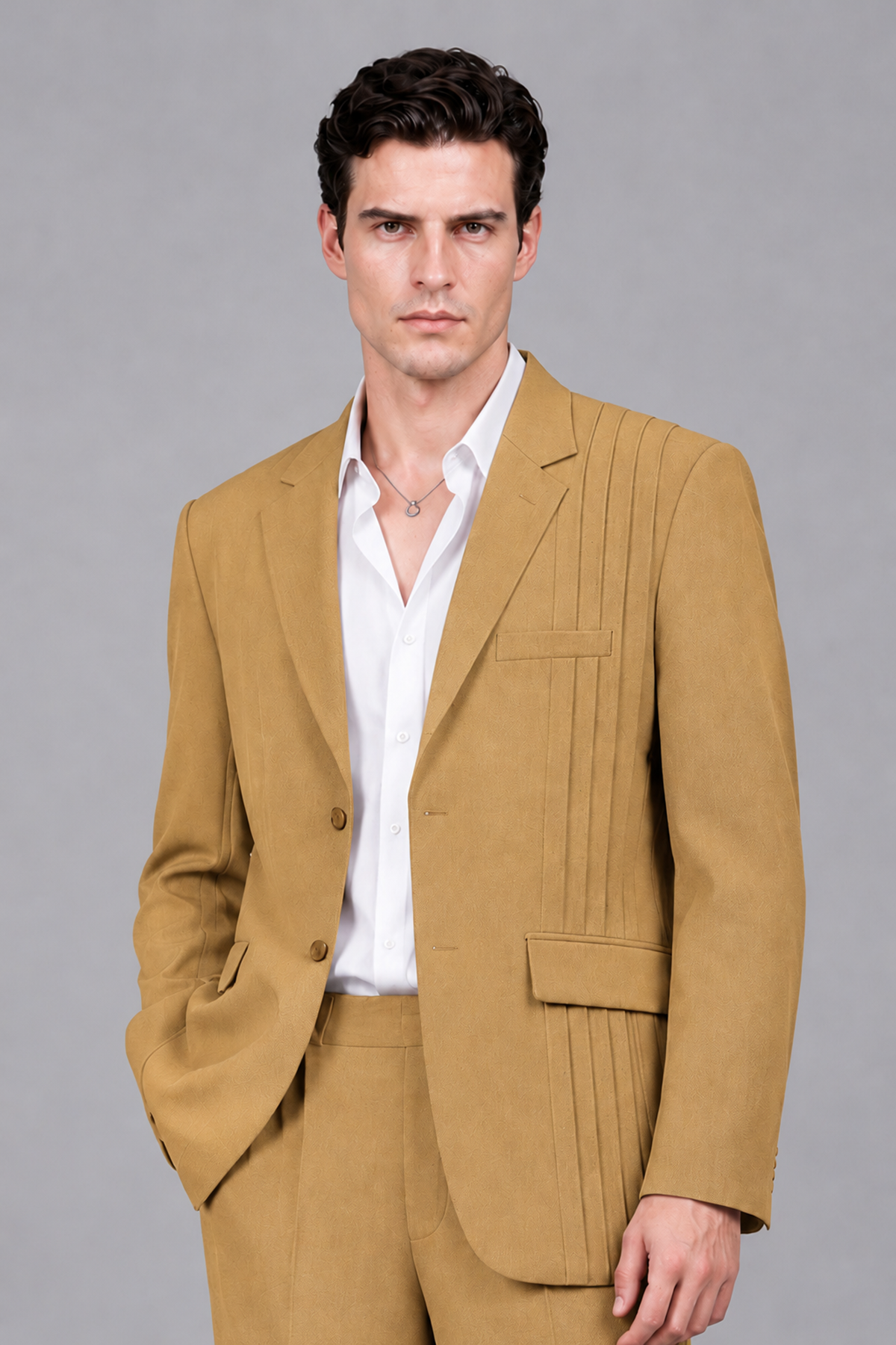 Savile Men's Gold Pleated 2-Piece Suit Set | Notch Lapel Blazer & Tailored Trousers - Gold - Gold_1