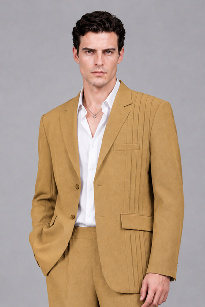 Savile Men's Gold Pleated 2-Piece Suit Set | Notch Lapel Blazer & Tailored Trousers - Gold - Gold_1