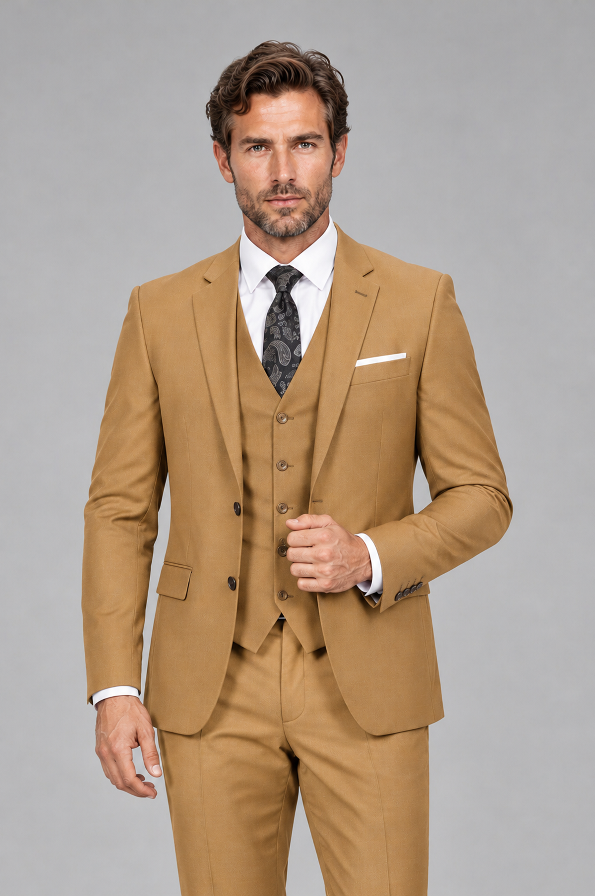 Savile Men's Gold 3-Piece Suit Set – Notch Lapel Blazer, Vest & Trousers - Gold - Gold_1