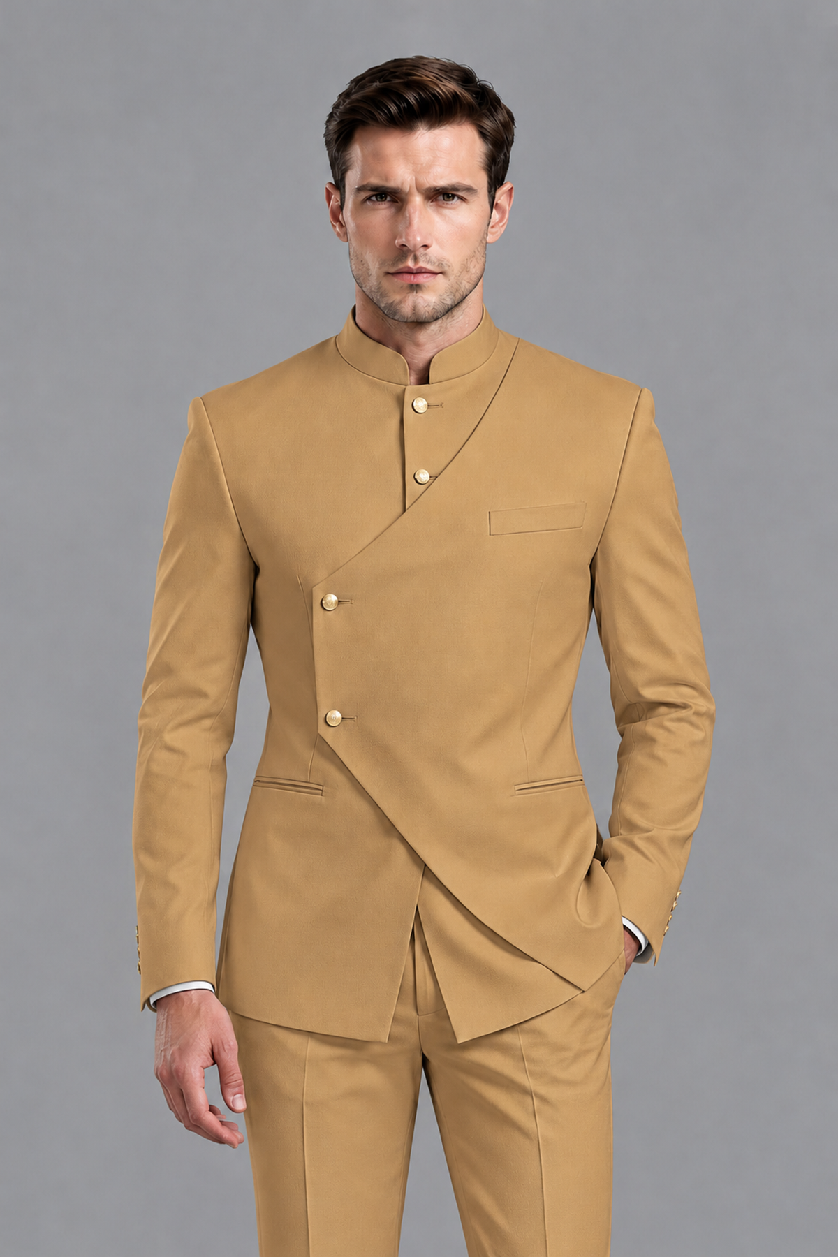 Savile Men's Gold Asymmetrical Mandarin Collar Tuxedo Suit – Modern 2-Piece Gold Button Wedding, Prom & Gala Set - Gold - Gold_1