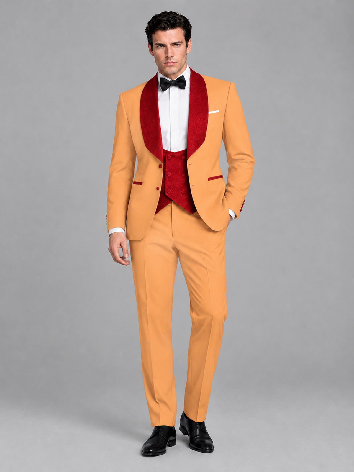 Savile Men's Gold 3-Piece Tuxedo Suit Set – Contrast Red Shawl Lapel Blazer, Red Waistcoat & Trousers - SUC020 - Gold