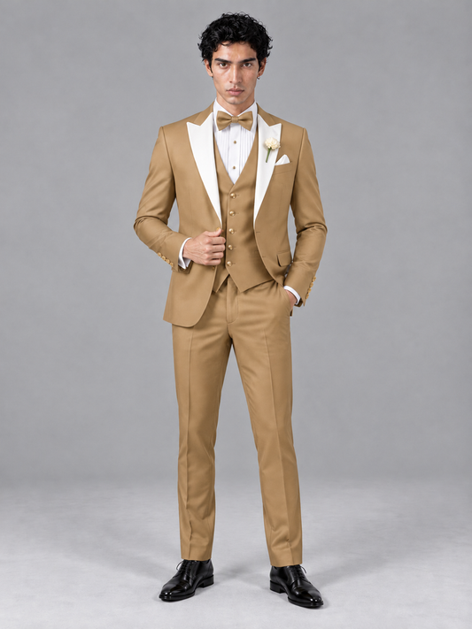Savile Men's Gold Contrast White Peak Lapel 3-Piece Tuxedo Suit - Gold